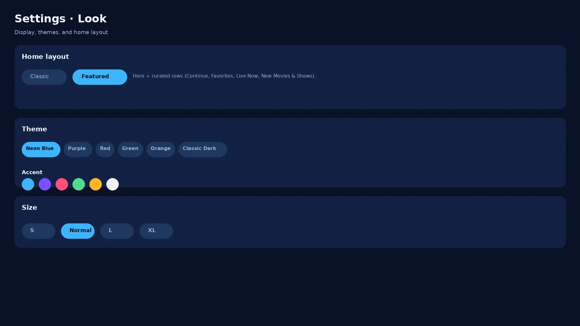 Settings Look with Classic and Featured layouts and themes